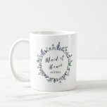 Taza De Café Leafy Watercolor | Empleada de honor<br><div class="desc">Esta moderna jarra botánica boda se caracteriza por las hojas de acuarela en los tonos de moda de verde,  azul y gris,  y por la caligrafía que dice "doncella de honor",  con un estilo elegante,  minimalista y rústico.</div>