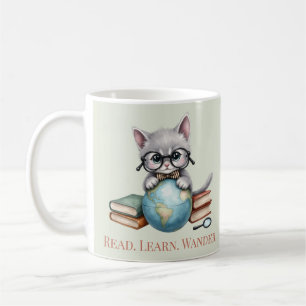 Taza De Café "Lean. Aprende. Wander". Gato de librería
