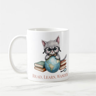 Taza De Café "Lean. Aprende. Wander". Gato de librería