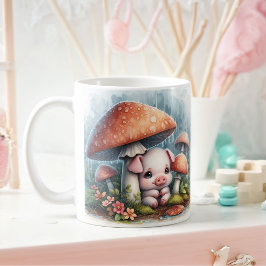 Taza De Café Lechón Adorable Bajo El Paraguas Del Mushroom