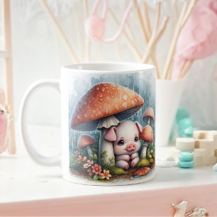 Taza De Café Lechón Adorable Bajo El Paraguas Del Mushroom