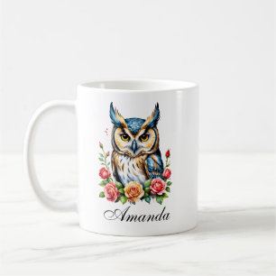 Taza De Café Lechuza acuarela con flores giradas