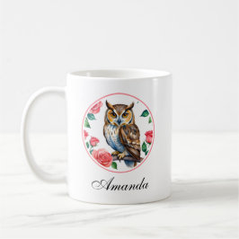 Taza De Café Lechuza acuarela decorativa con Rosas