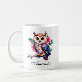 Taza De Café Lechuza acuarela floral y Rosas