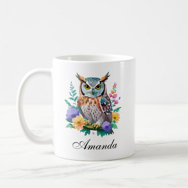 Taza De Café Lechuza acuarela y flores coloridas (Izquierda)