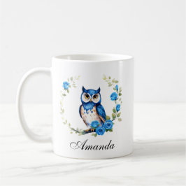 Taza De Café Lechuza azul acuarela y Rosas Girly