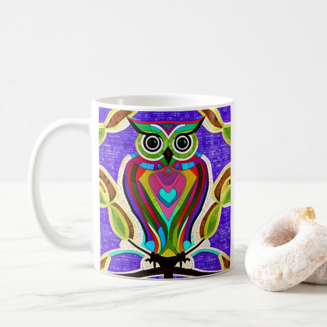 Taza De Café Lechuza caprichosa arte con ánimos coloridos (Con donut)