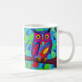 Taza De Café Lechuza caprichosa con plumas coloridas