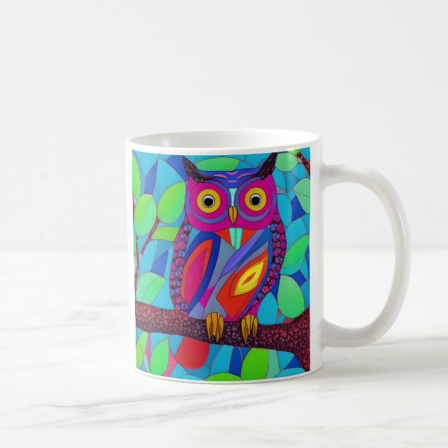 Taza De Café Lechuza caprichosa con plumas coloridas (Derecha)