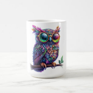 Taza De Café Lechuza colorida vibrante con diseño de lentes vib