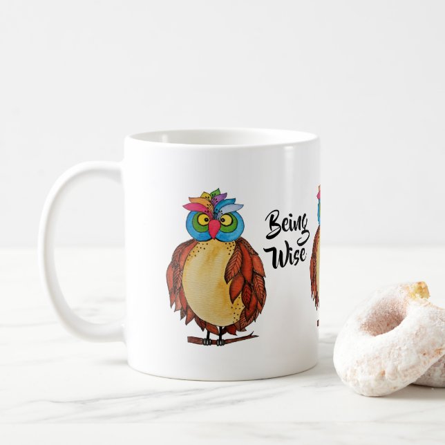 Taza De Café Lechuza Mágica acuarela con plumas arcoiris (Con donut)