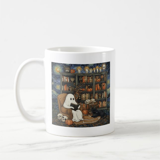 Taza De Café Lector de libros fantasma leyendo libro de literat (Izquierda)