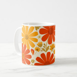 Taza De Café Lejano Alegría Retró Daisies Naranja Quemado Oro