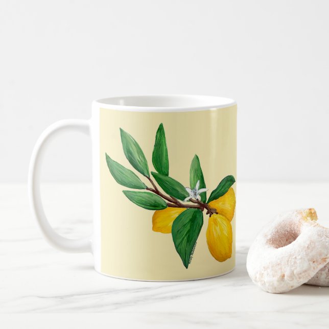 Taza De Café Lemon Leaf Watercolor Design | Citrus Yellow (Con donut)