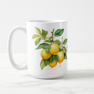 TAZA DE CAFÉ LEMONIOS AMARILLOS REALISTAS EN LAS RAMAS DE LEMON