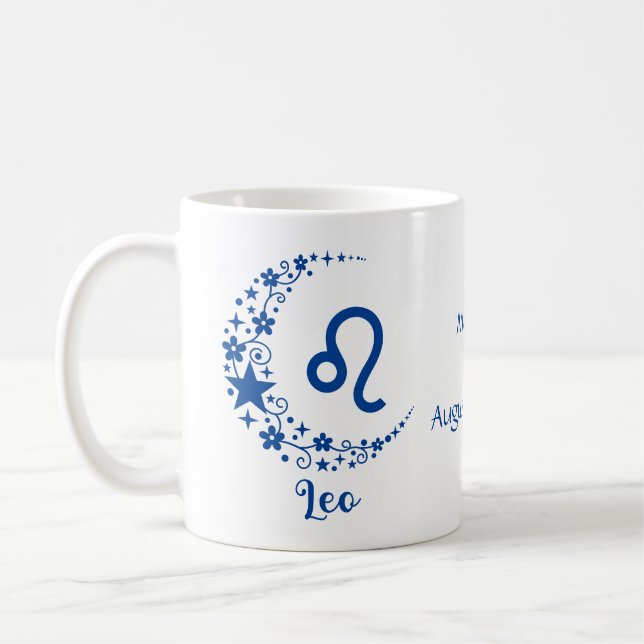 Taza De Café Leo Zodiac Rótulo Astrología Cumpleaños Azul Blanc (Izquierda)