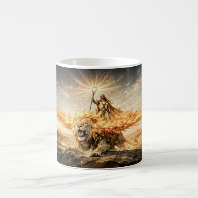 Taza De Café Leo Zodiac with Warrior Riding a Fiery Winged Lion (Centro)