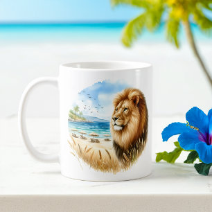 Taza De Café León acuático de verano en la playa