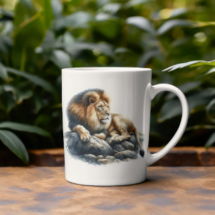 Taza De Café León de África real descansa en una roca - acuarel