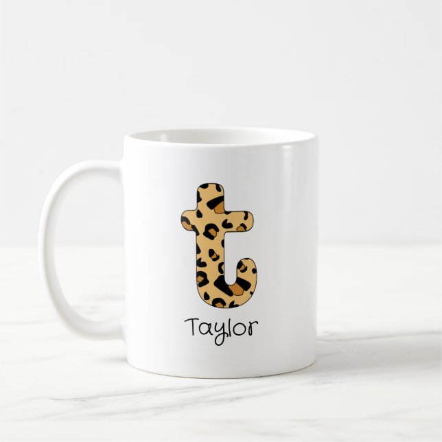 Taza De Café Leopard Imprimir inicial t minúscula y nombre (Izquierda)