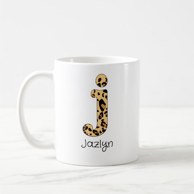 Taza De Café Leopard Print Inicial j Letra minúscula y nombre (Izquierda)