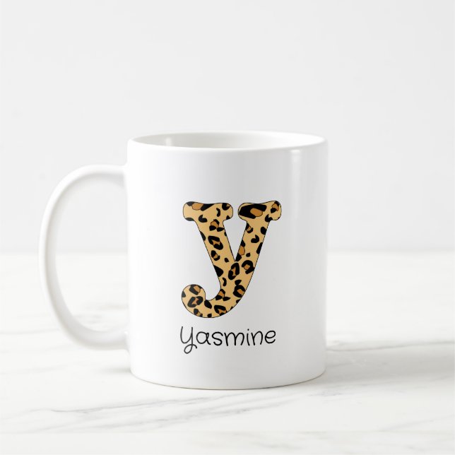 Taza De Café Leopard Print Inicial y minúscula y nombre (Izquierda)