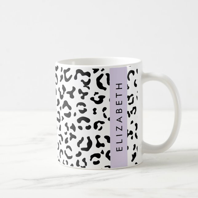 Taza De Café Leopard Print, Spots, Black And White, Tu Nombre (Derecha)