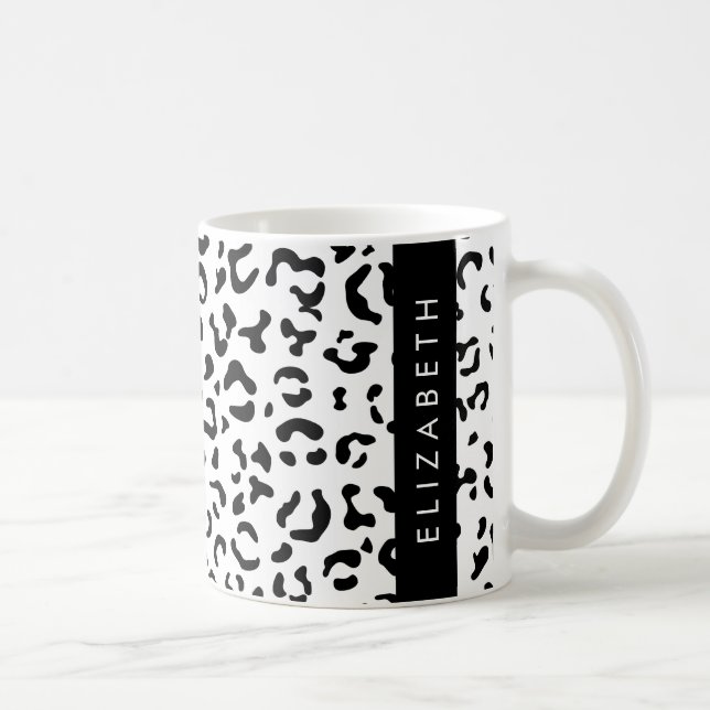 Taza De Café Leopard Print, Spots, Black And White, Tu Nombre (Derecha)