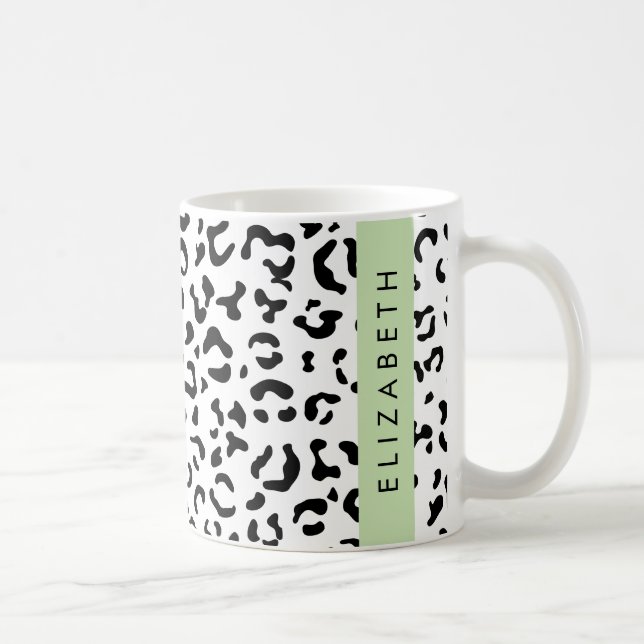 Taza De Café Leopard Print, Spots, Black And White, Tu Nombre (Derecha)