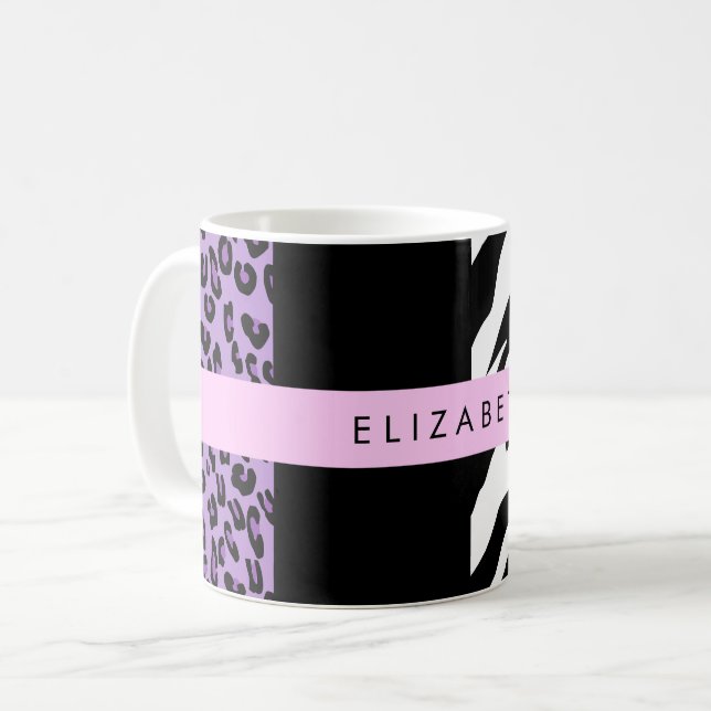 Taza De Café Leopard Print, Zebra Print, Purple, Tu Nombre (Anverso izquierdo)