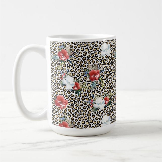 Taza De Café Leopardo dorado Imprimir Floral Blanco Rojo (Izquierda)