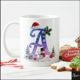Taza De Café Letra A de Navidad iridiscente con muñeco de nieve