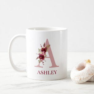 Taza De Café Letra A Floral Rosa Burdeos