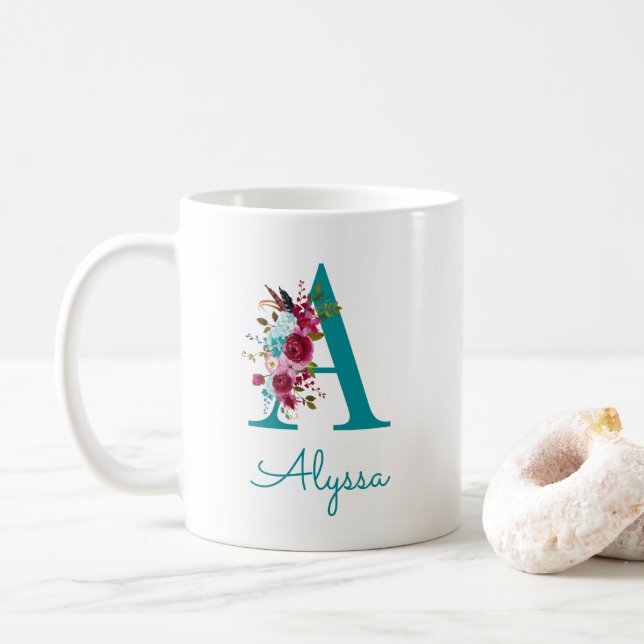 Taza De Café Letra a floral rosa Verde azulada (Con donut)