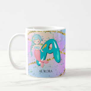 Taza De Café Letra A Monograma Acuarela Cuta Cristales De Siren