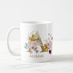 Taza De Café Letra A - Nombre floral dorado hermana compañera d