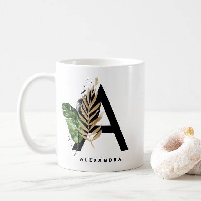 Taza De Café Letra a Relieve metalizado dorado monogramo tropic (Con donut)