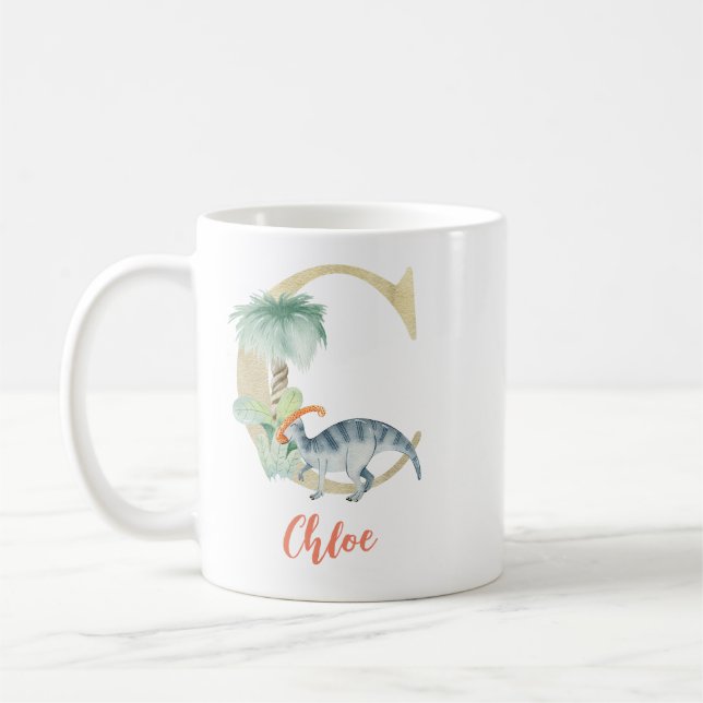 Taza De Café Letra acuarela C con dinosaurio (Izquierda)