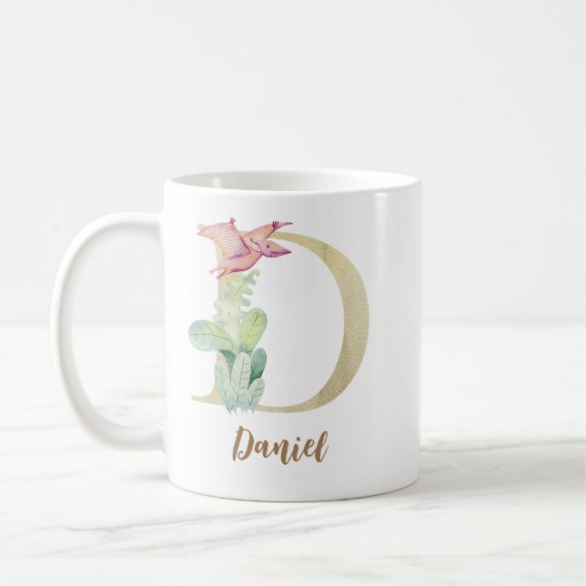 Taza De Café Letra acuarela D con dinosaurio (Izquierda)