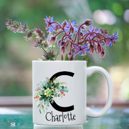 Taza De Café Letra acuarela elegante flor tazón café blanco