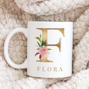 Taza De Café Letra acuarela floral y Gold F monograma