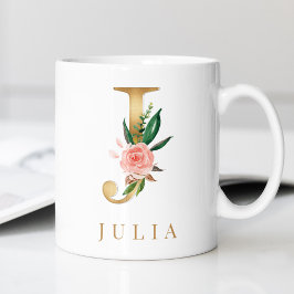Taza De Café Letra acuarela floral y Gold J monograma