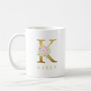 Taza De Café Letra acuarela floral y Gold k monograma