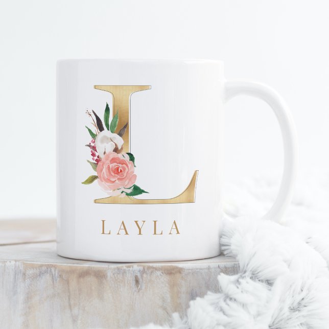 Taza De Café Letra acuarela floral y Gold L monograma (Subido por el creador)