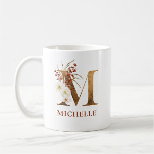 Taza De Café Letra acuarela floral y Gold M monograma