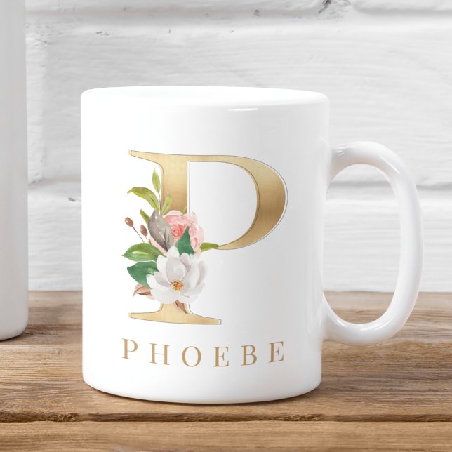 Taza De Café Letra acuarela floral y Gold P monograma (Subido por el creador)