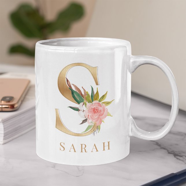 Taza De Café Letra acuarela floral y Gold S monograma (Subido por el creador)