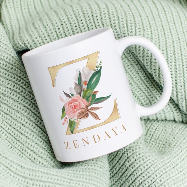 Taza De Café Letra acuarela floral y Gold Z monograma (Subido por el creador)