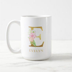 Taza De Café Letra acuarela floral y oro monograma E