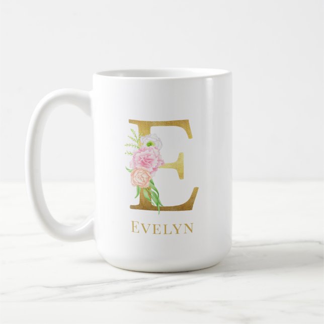 Taza De Café Letra acuarela floral y oro monograma E (Izquierda)